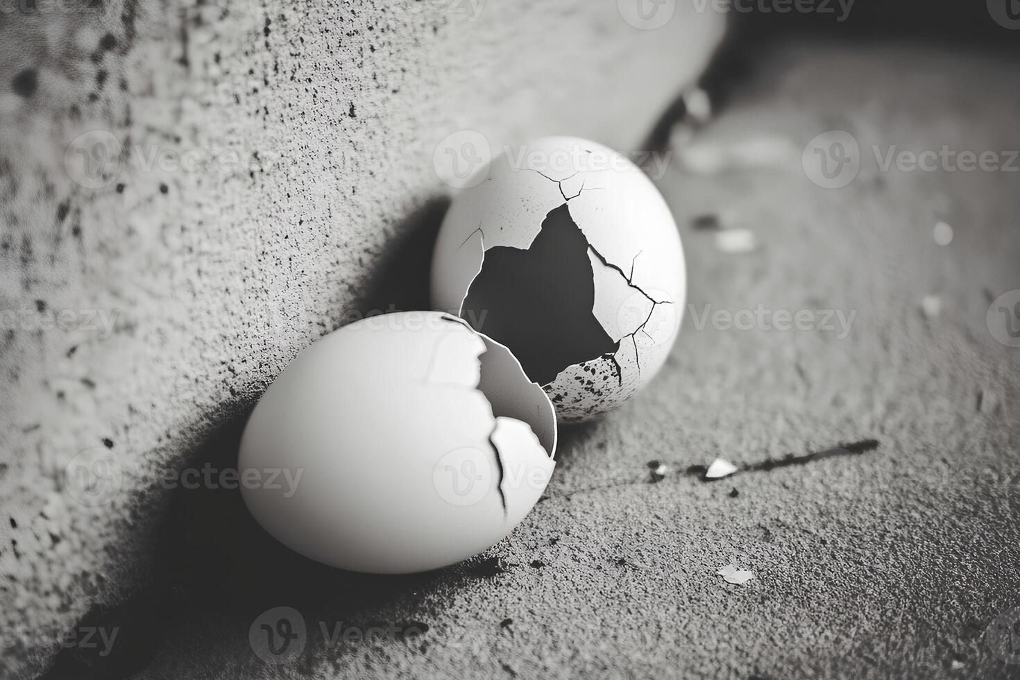 A black and white photograph of a broken eggshell on a cement surface, showcasing the intricate cracks and texture of the shell against the rough background photo