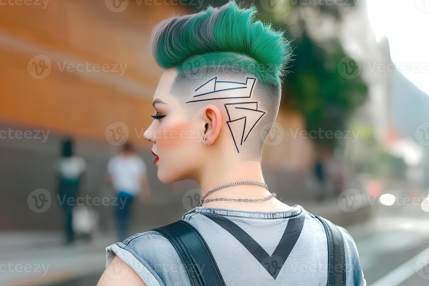 A captivating portrait of a girl with vibrant green hair, set against the urban backdrop of the city, highlighting her bold and unique style photo
