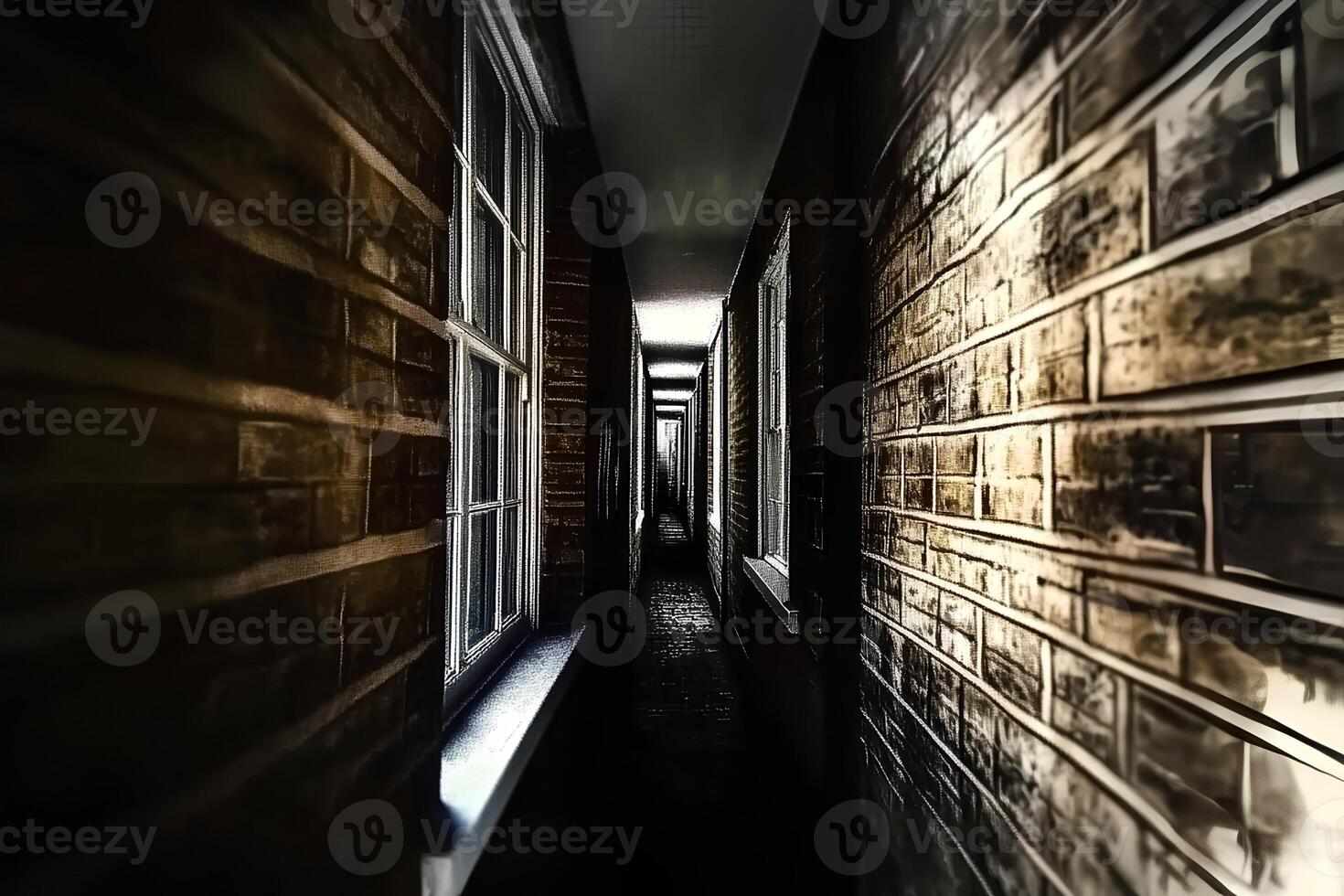 A moody and atmospheric interior of a dark corridor featuring wooden doors and windows, creating a mysterious and vintage ambiance photo