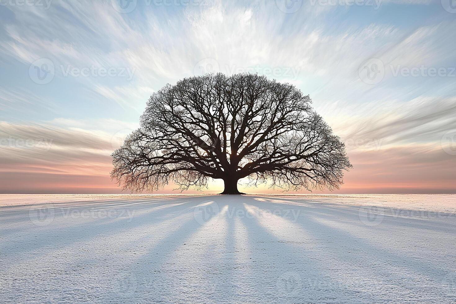 A serene winter landscape featuring a majestic oak tree silhouetted against the vibrant hues of a sunset sky, creating a peaceful and tranquil scene photo