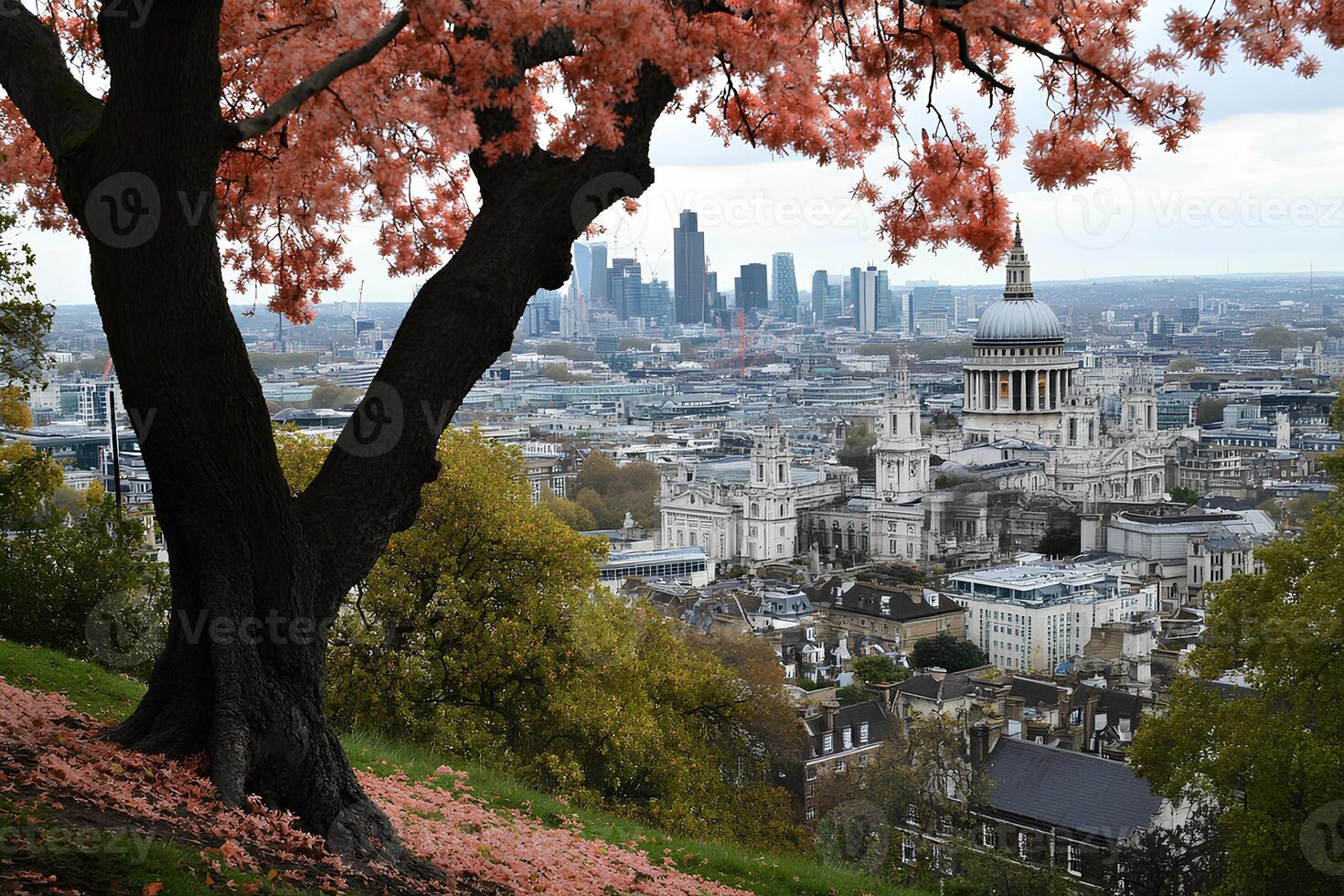 A breathtaking panoramic view of the London city skyline from a high hill, showcasing iconic landmarks and urban scenery photo