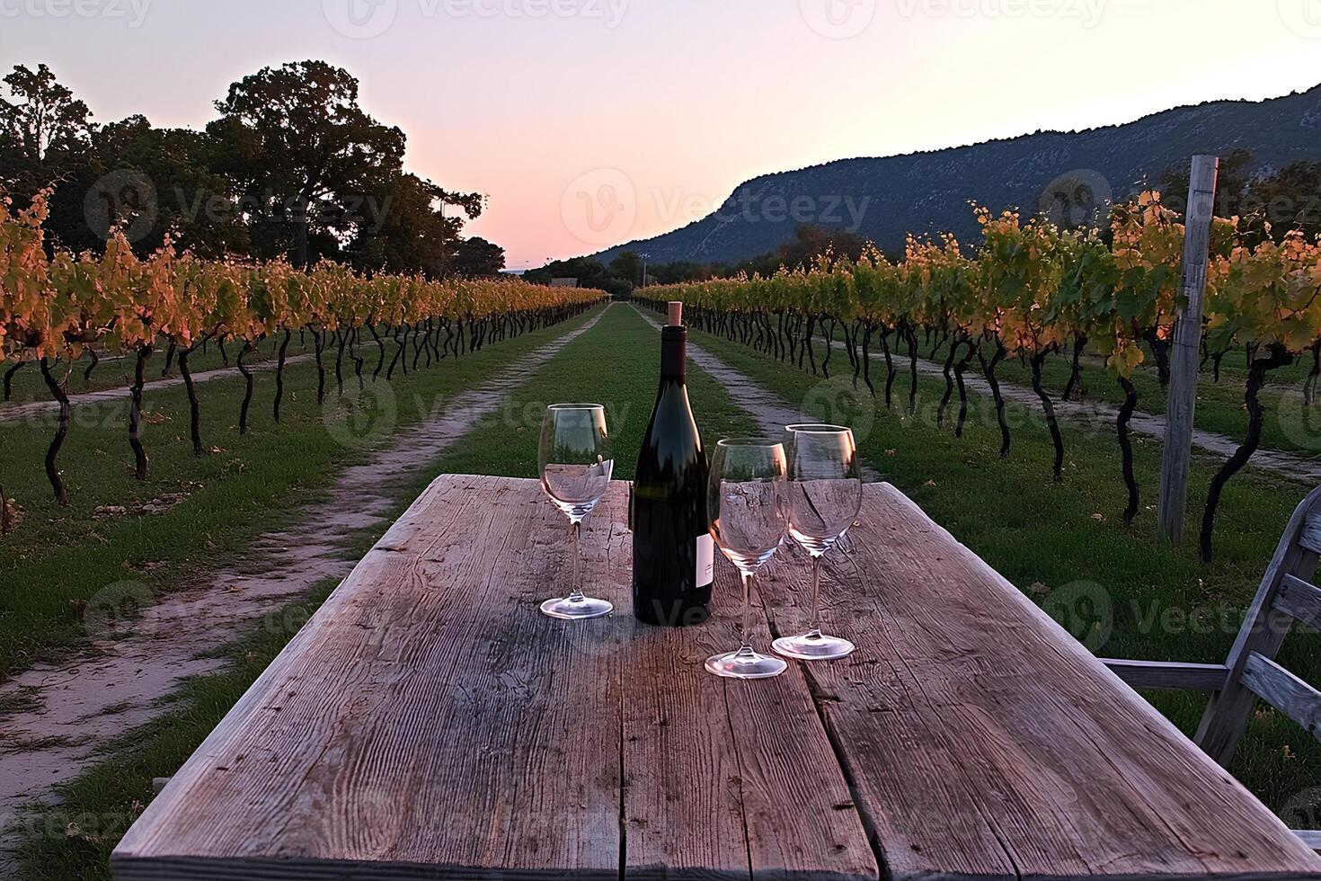A picturesque scene of wine tasting in Provence, France, as the sun sets over vineyards, casting a warm glow on the landscape photo