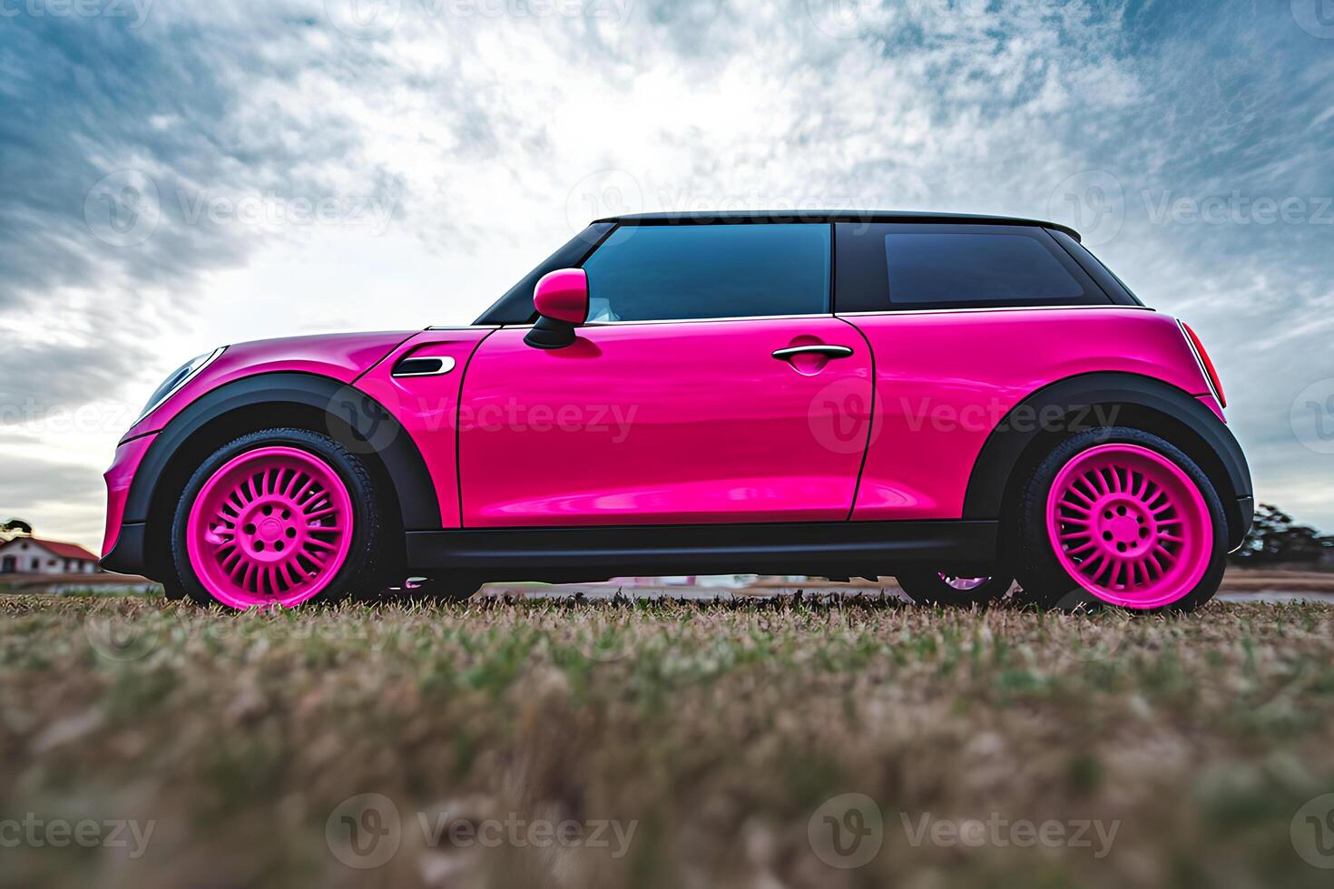 Stylish modern pink car parked on lush green grass, captured from the side view, combining elegance and vibrancy photo