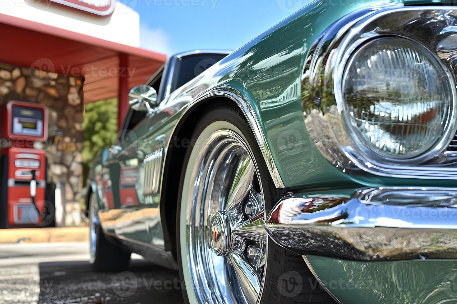 Classic vintage car captured from the front at a local car show, showcasing its timeless design and details photo