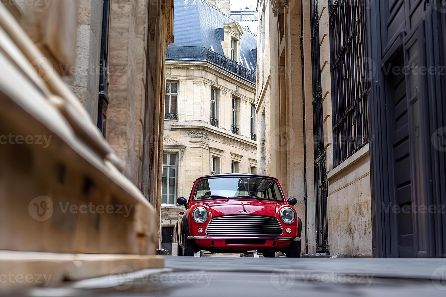 Classic red Fiat 500 parked on a charming Parisian street, capturing European city life and vintage car style photo