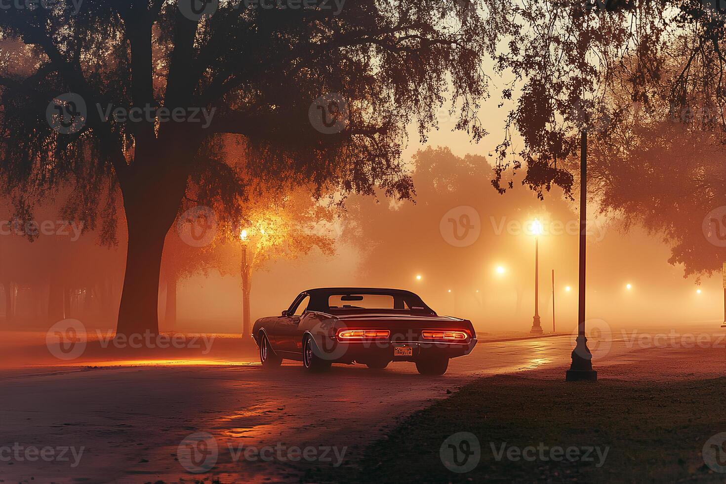 A vintage retro car driving through a foggy road on a serene morning, creating a nostalgic and mysterious atmosphere photo