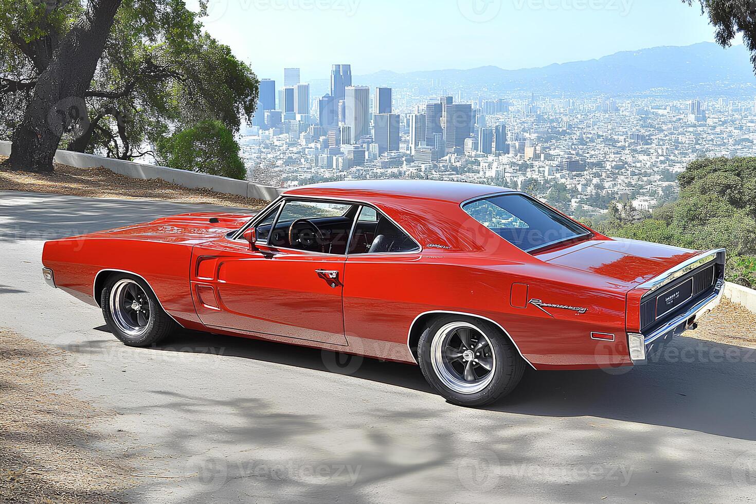 Iconic American muscle car parked in the desert landscape of Los Angeles, California, showcasing power and style against a rugged backdrop photo