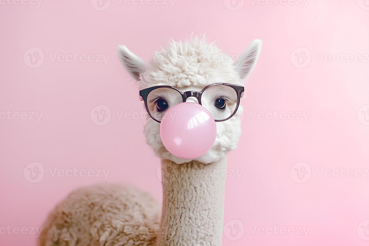 A fun and quirky image of a cute alpaca wearing eyeglasses and blowing a bubble with pink bubble gum, set against a playful pink background photo