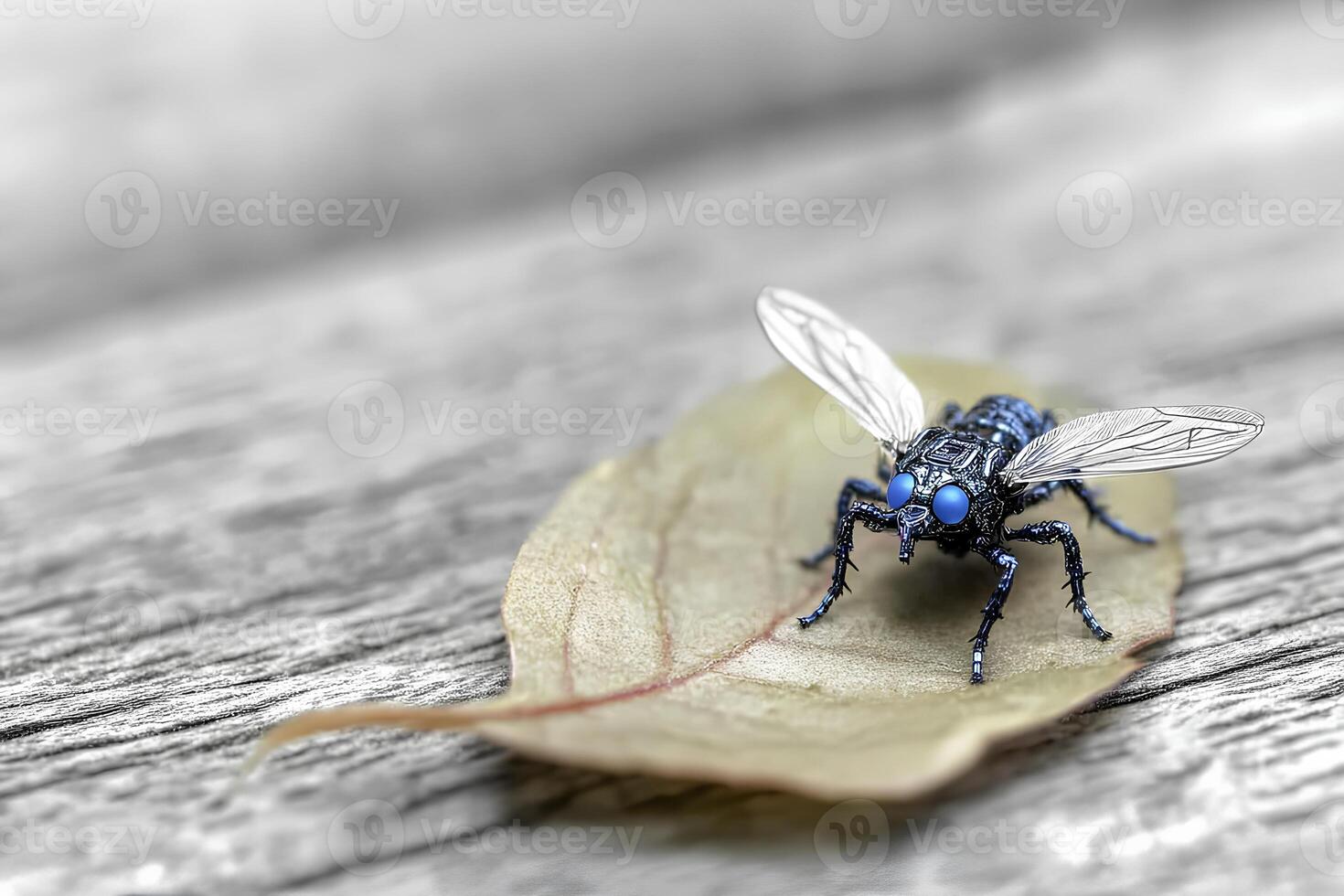 A macro shot capturing a blue fly perched on a leaf, set against a rustic wooden background, highlighting the flys vivid details and the contrast with the natural textures photo
