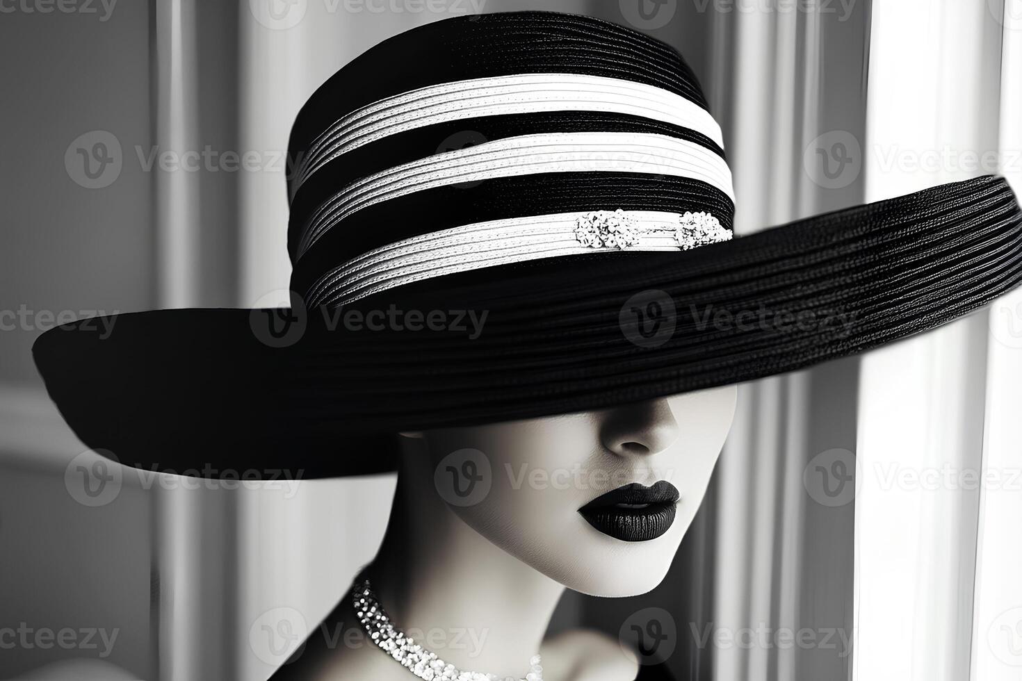 A fashionable shot of a mannequin displaying a chic hat, showcasing elegance and style in a minimalist, high-fashion presentation photo