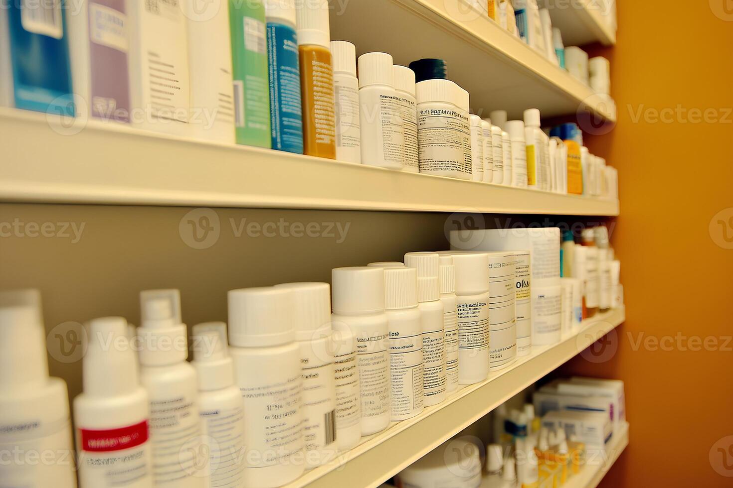 Close up of a row of medicine bottles on a shelf in a pharmacy photo