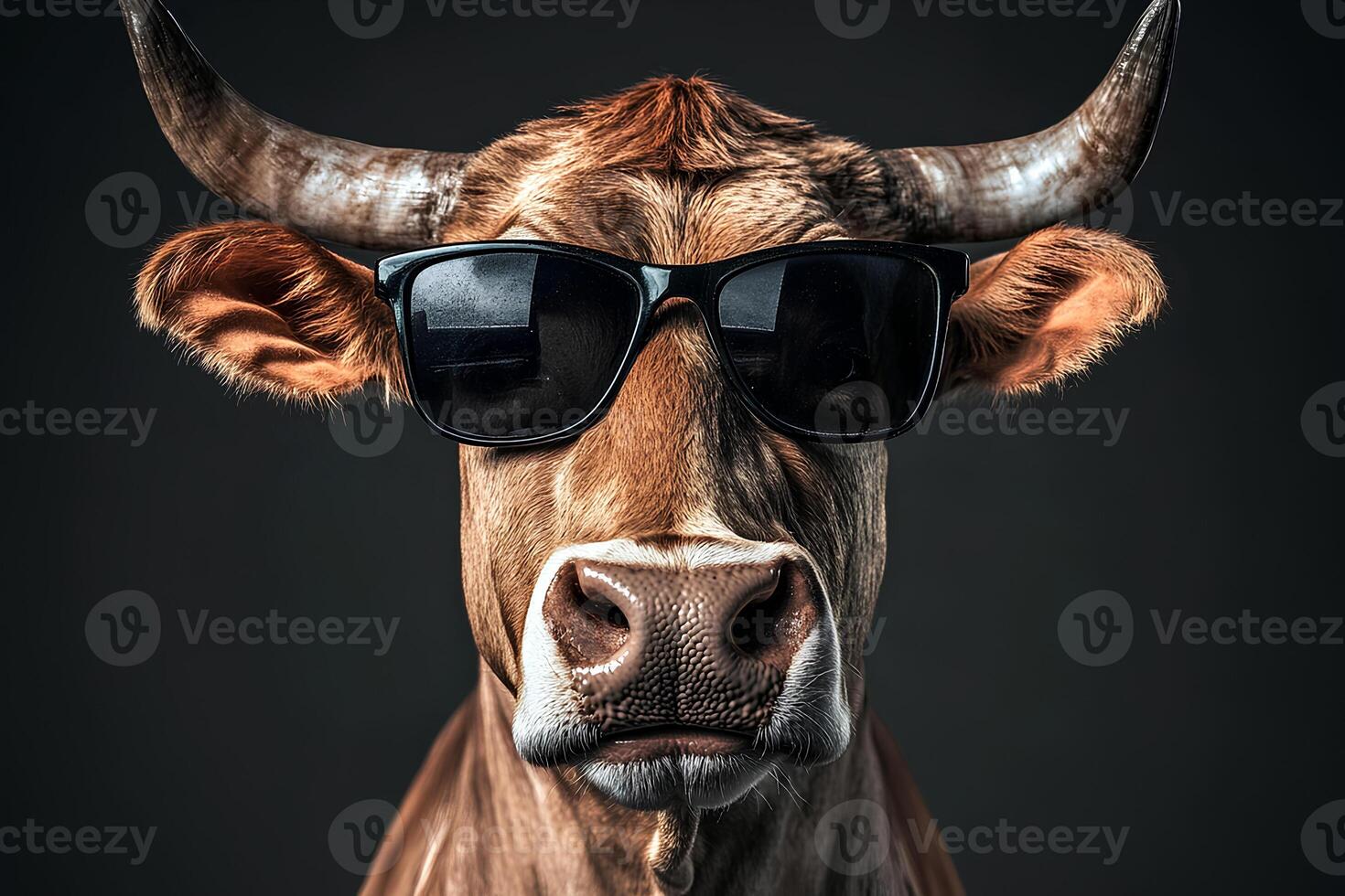 Fun and quirky portrait of a cow sporting sunglasses, set against a dark background, adding a humorous twist to the image photo