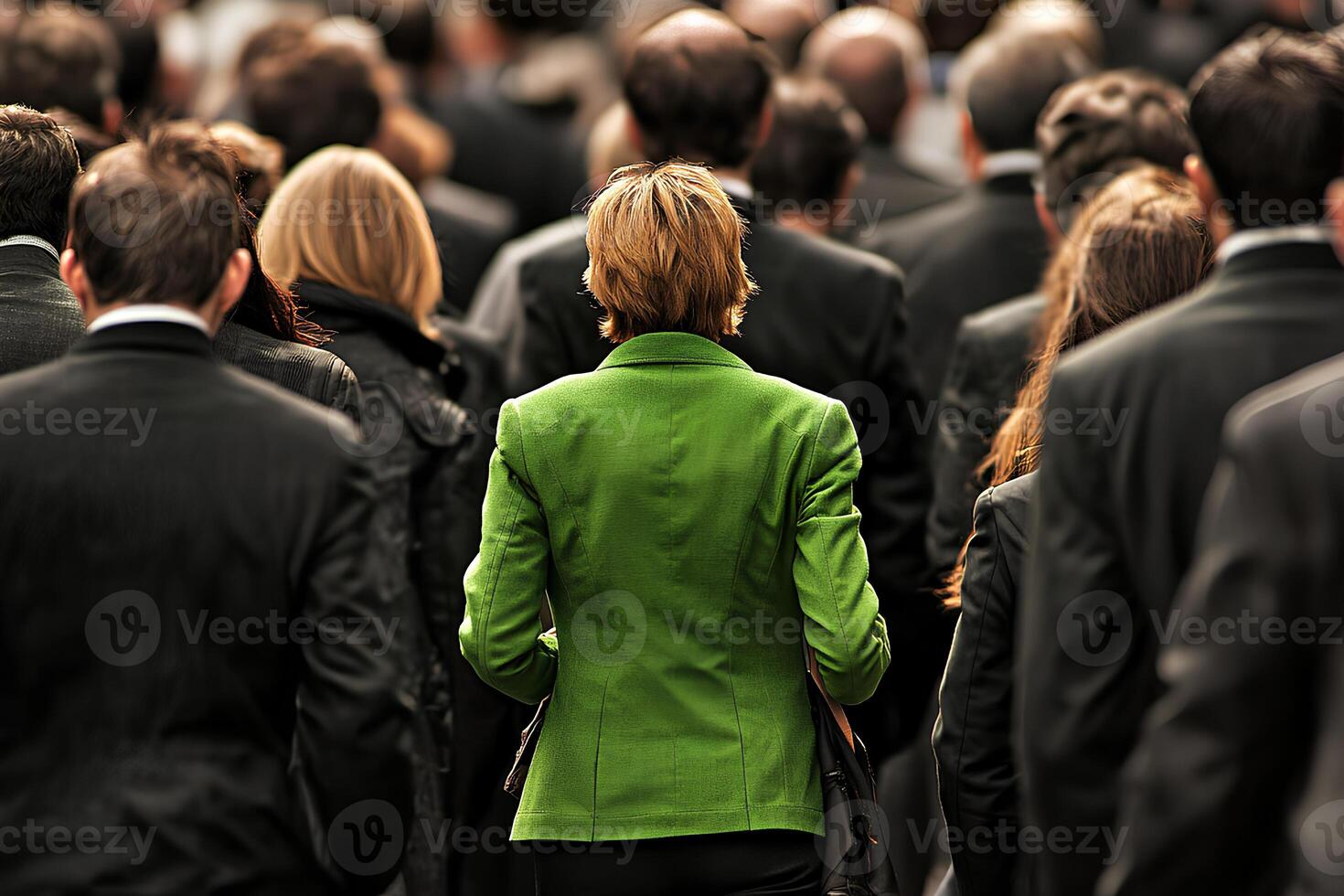 A businesswoman in a green jacket seen from the back, standing confidently in a crowd, creating a powerful visual of individuality in a bustling environment photo
