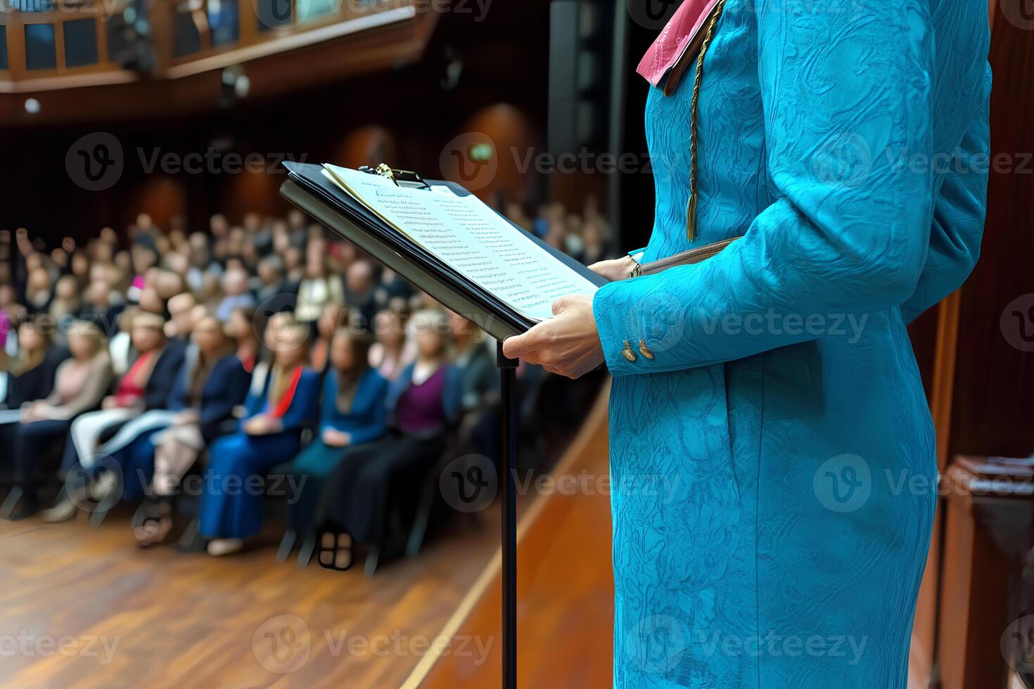 A focused shot of a female speaker delivering a speech at the conference hall, with the attentive audience in the background, capturing the atmosphere of a professional event photo