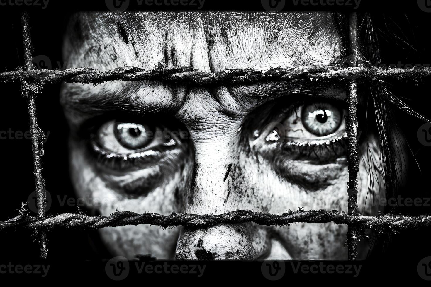 A chilling black and white photo of a zombie face peering through bars, evoking a haunting and horror-filled atmosphere
