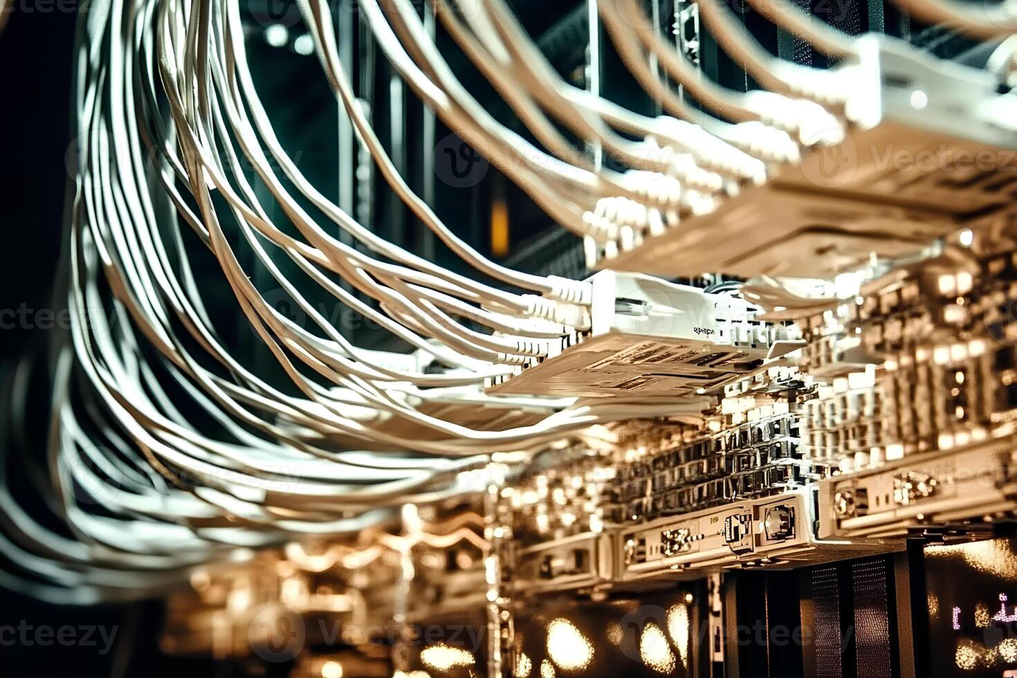 Close-up shot of network cables plugged into a switch, showcasing the intricate technology and hardware setup in a modern data center photo