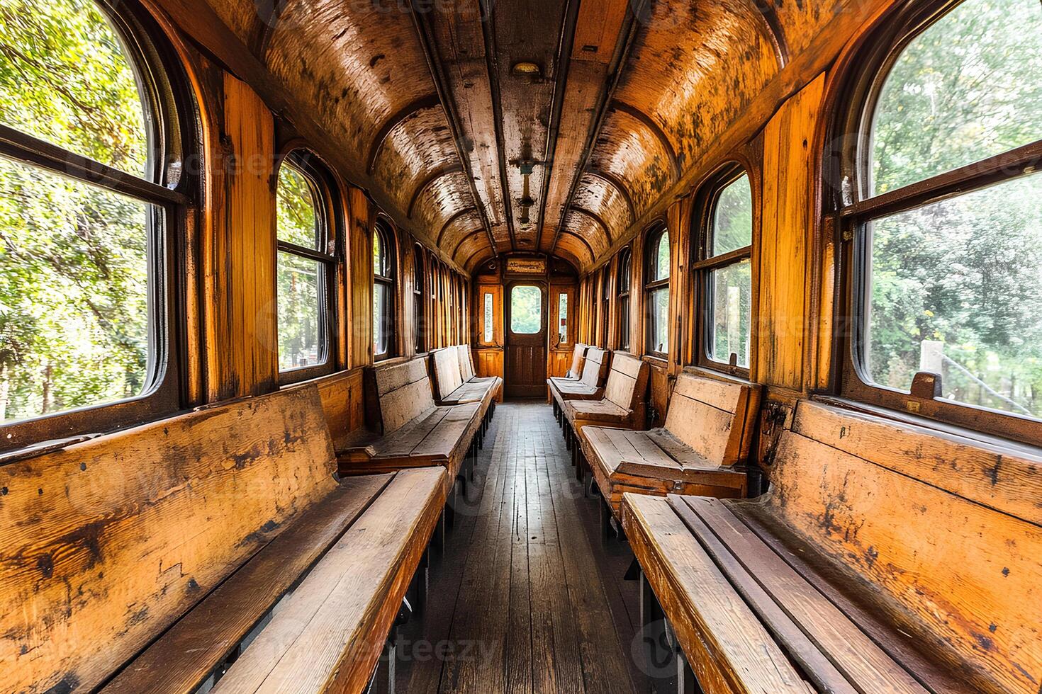 A captivating view of the interior of an old train carriage, surrounded by dense forest, showcasing weathered seats and vintage design, capturing a sense of abandonment and nostalgia photo