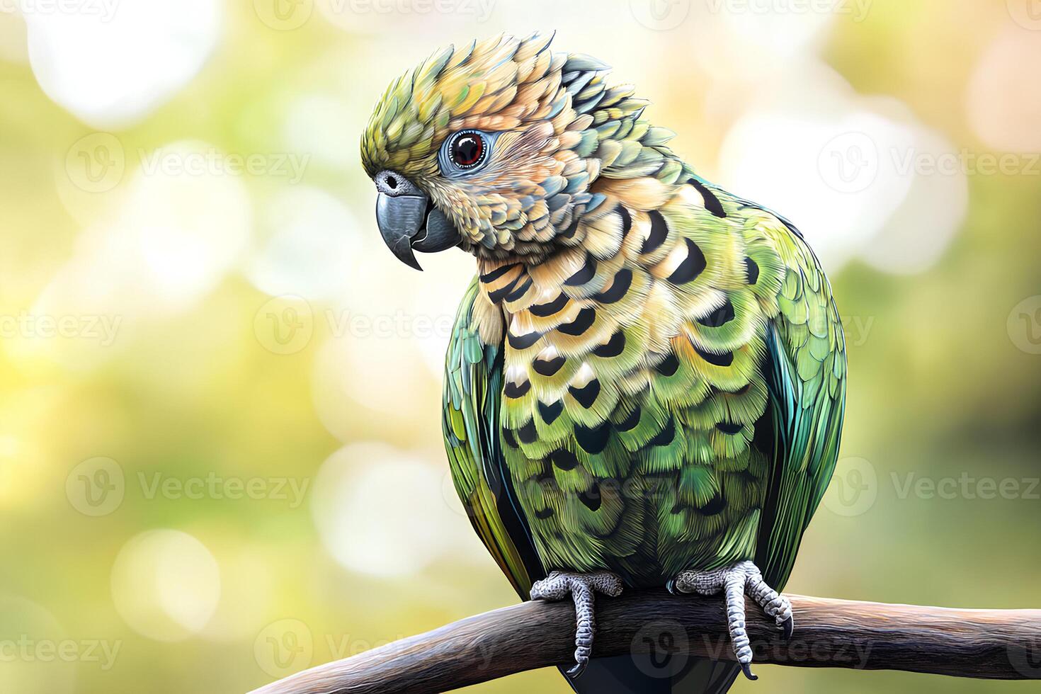 A close-up portrait of a vibrant green-feathered parrot with a beautifully blurred background, highlighting its striking colors and intricate details photo