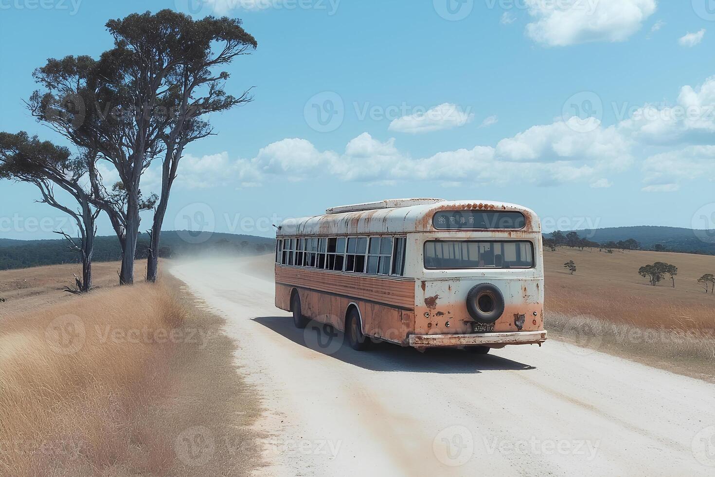 Rusty abandoned bus on a lonely road in the vast Australian outback, surrounded by dry landscape and wilderness photo
