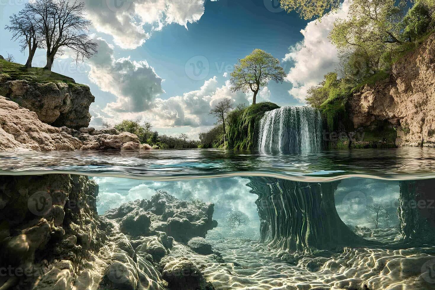 A magical underwater world with cascading waterfalls and trees submerged beneath the crystal-clear water, creating a dreamy, fantasy atmosphere photo