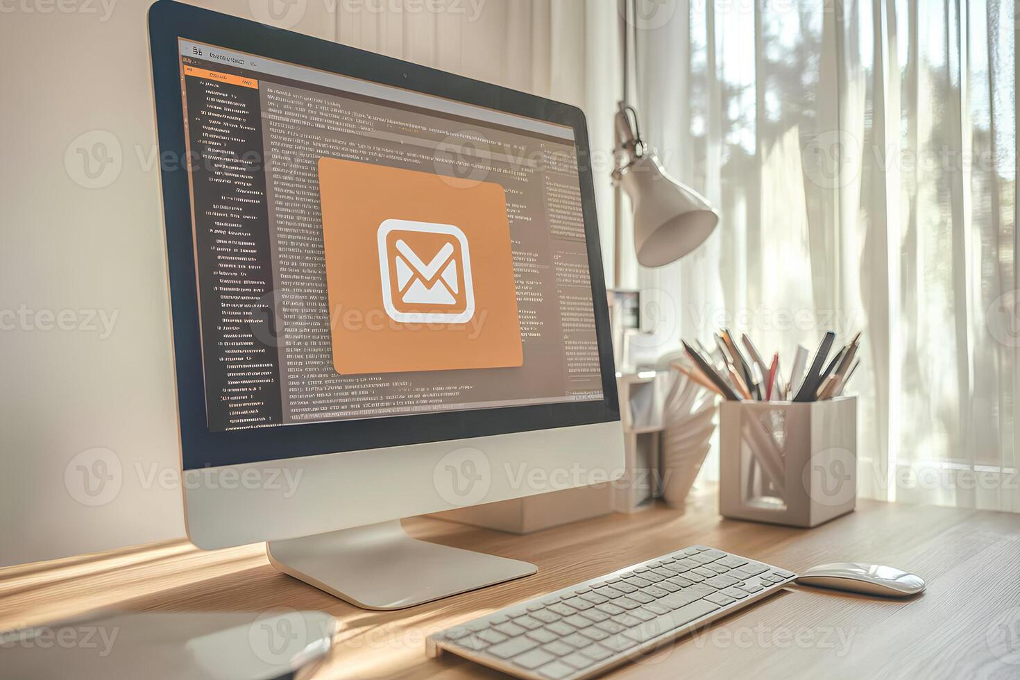 A close-up shot of a desktop setup featuring a computer, keyboard, and mouse, highlighting the tools used for email marketing campaigns in a professional workspace. photo