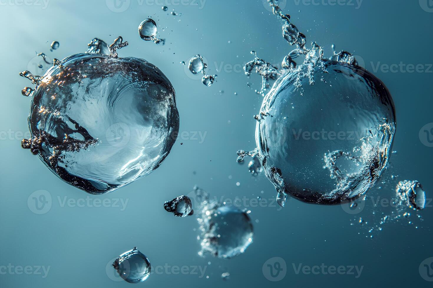 Dynamic water splashes with bubbles floating on a vibrant blue background, creating a refreshing and lively scene. photo