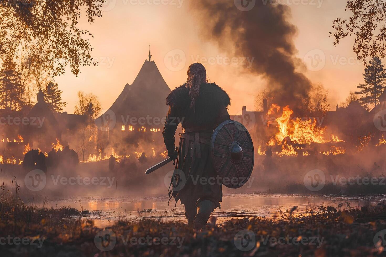 A brave medieval warrior clad in armor, holding a sword and shield, standing in a historic medieval village, evoking the spirit of ancient battles. photo