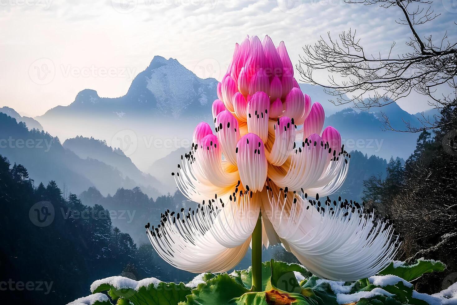 A beautiful pink and white lotus flower blooming in the morning, set against the backdrop of majestic mountains, creating a serene and tranquil atmosphere. photo