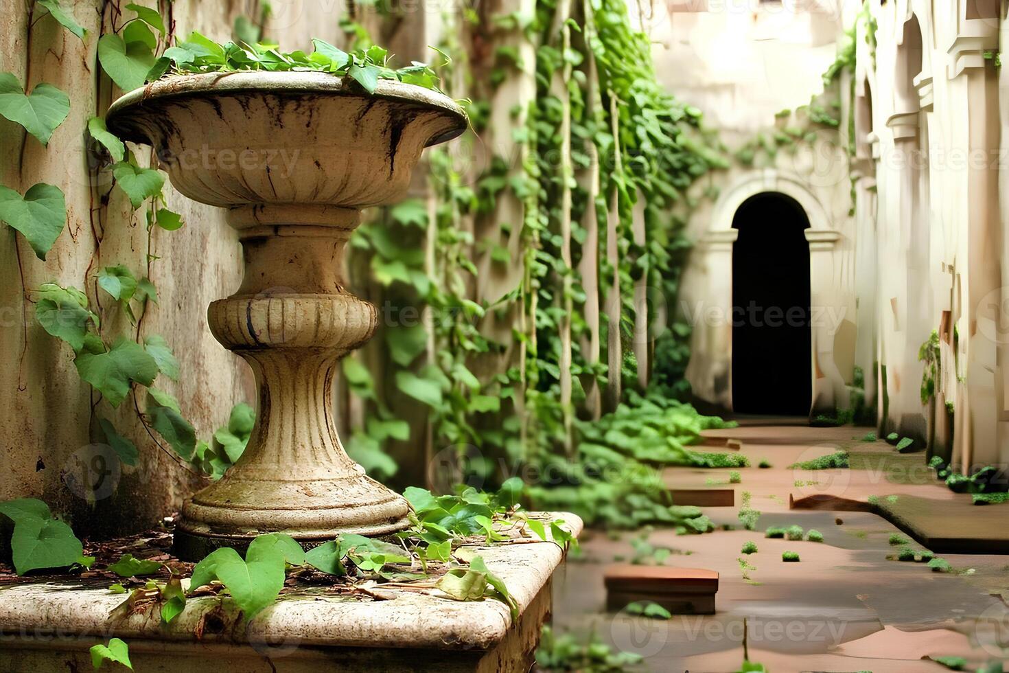 A charming garden scene featuring a stone vase with ivy creeping up the wall, creating a rustic, natural ambiance, with the green vines adding life to the stone structure. photo