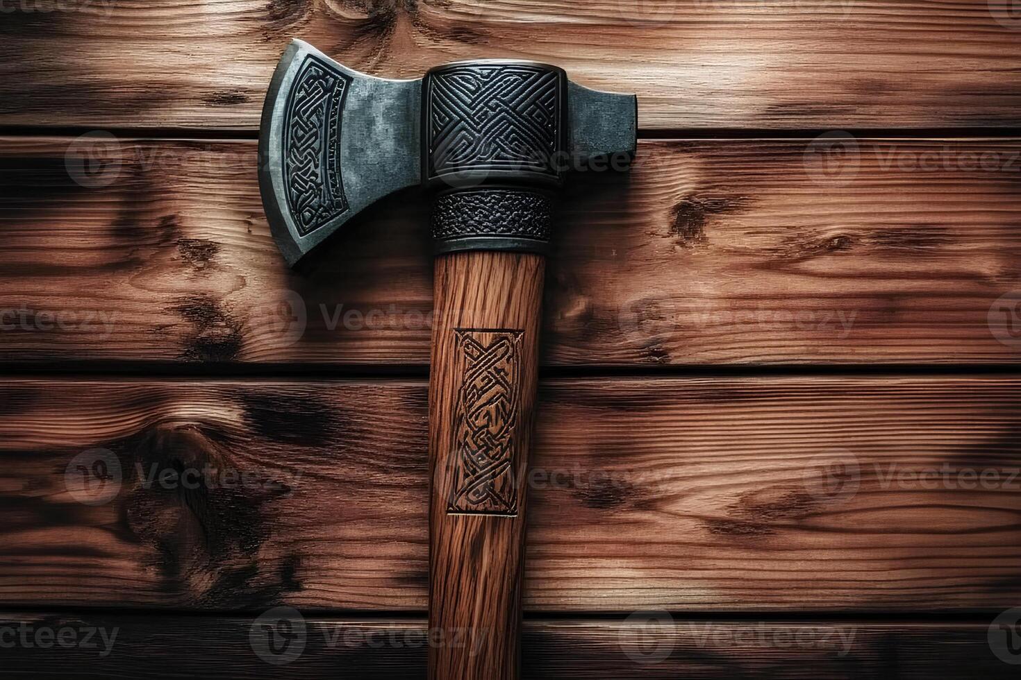 A sharp axe resting on a textured wooden background, creating a rustic and rugged atmosphere with natural wood grain details. photo