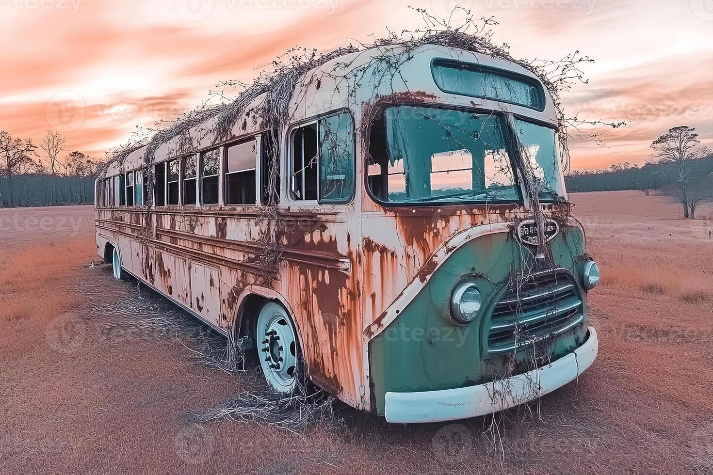 An abandoned old rusty bus in the vast desert of Namibia, Africa, bathed in warm golden light during sunset, creating a dramatic and nostalgic scene. photo