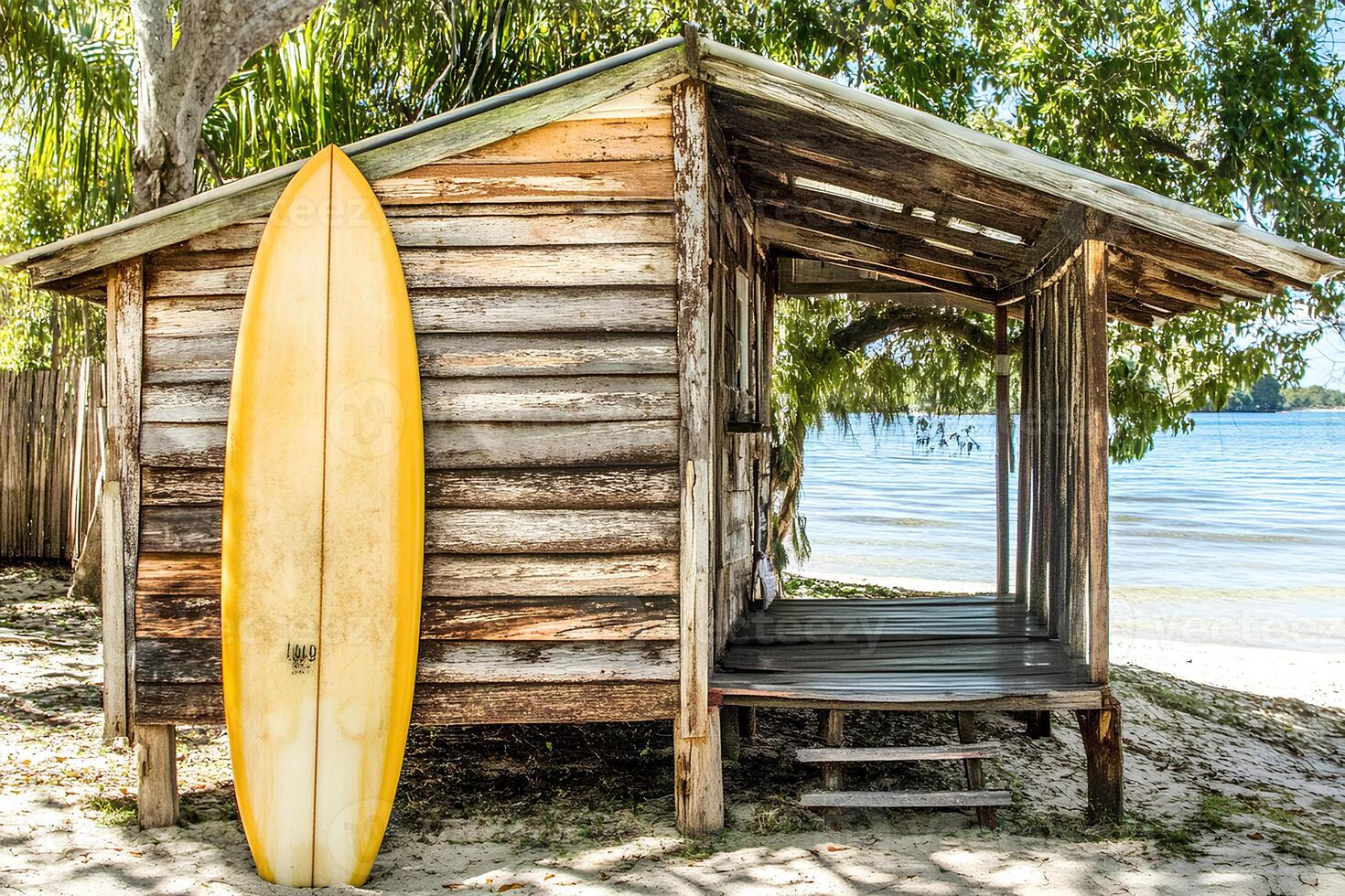 A rustic wooden hut with colorful surfboards on a sandy beach in Florida, USA, creating a perfect coastal scene for surf lovers. photo