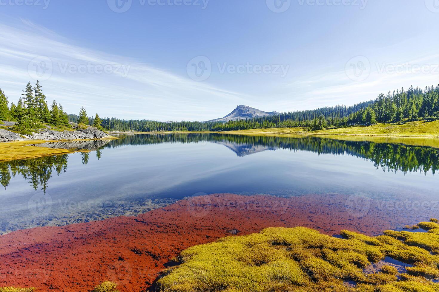 A serene view of a crystal-clear lake nestled in Glacier National Park, Montana, with surrounding rugged mountains and lush greenery, capturing the natural beauty of this iconic landscape. photo