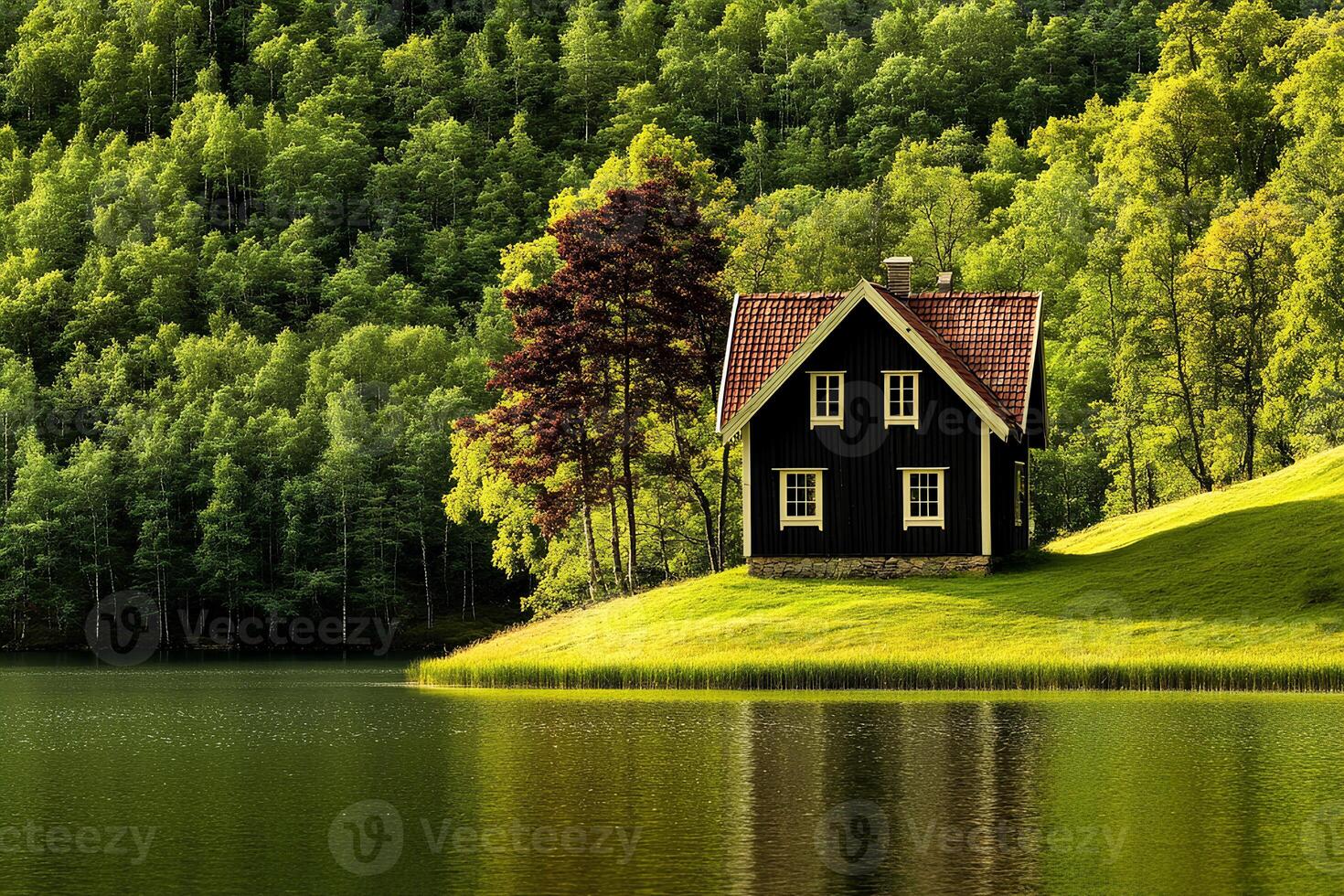 A conceptual image of a house situated on the edge of a tranquil lake, surrounded by a lush forest in the background, evoking peace, solitude, and harmony with nature. photo