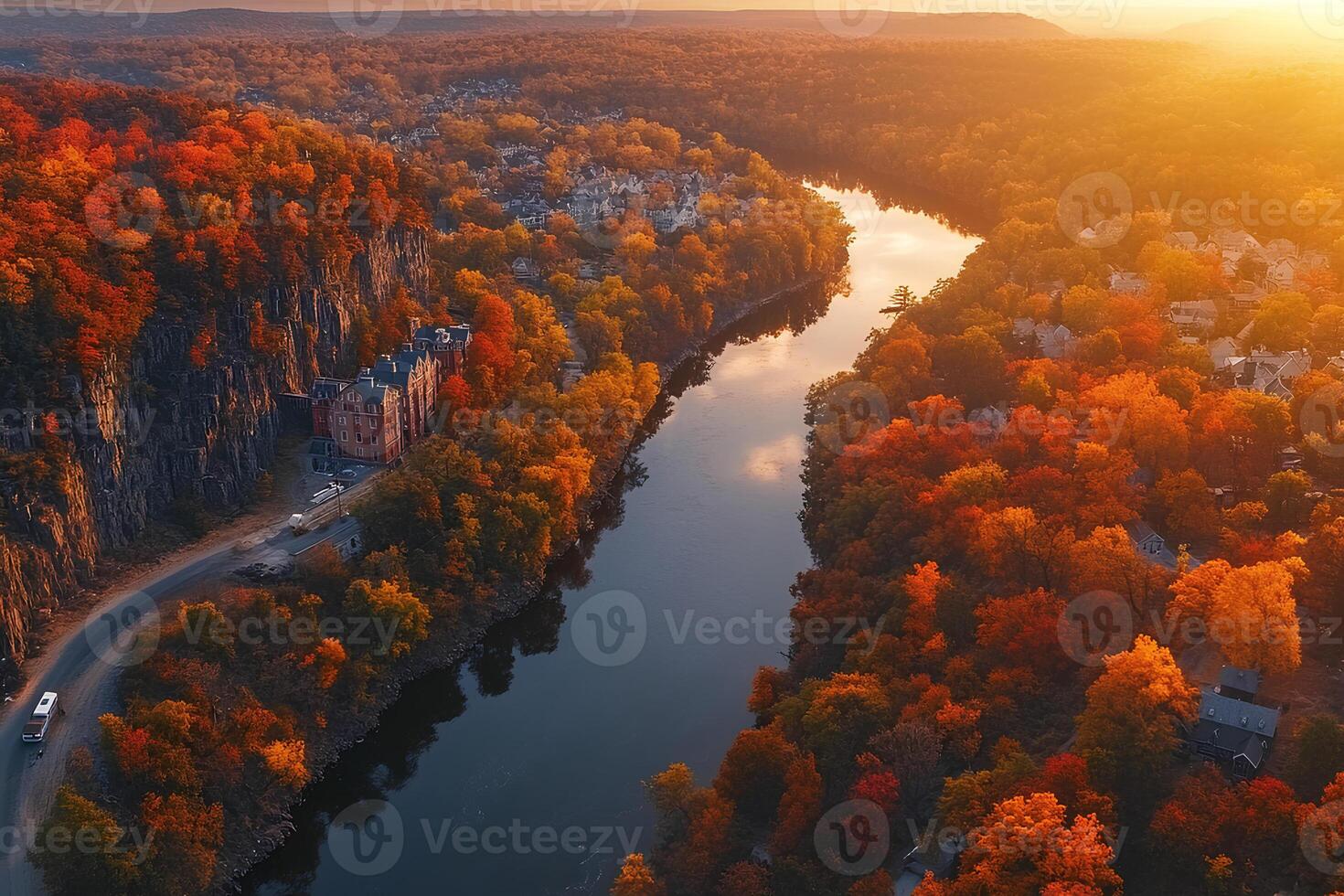 A stunning aerial view of the Danube River at sunset during autumn in Romania, showcasing the vibrant colors of the changing leaves along the riverbanks photo