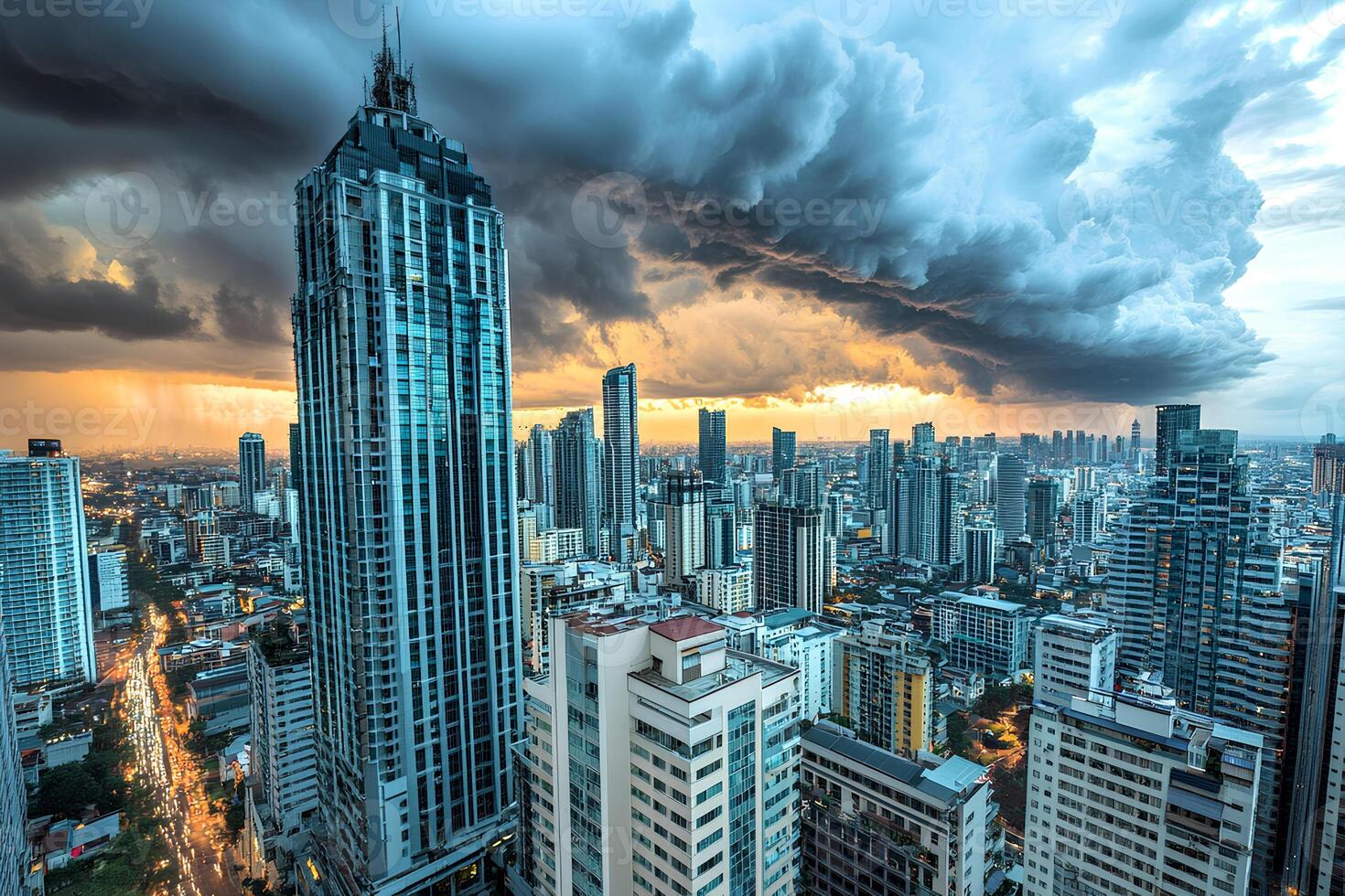 A stunning view of the Bangkok cityscape with skyscrapers against the backdrop of a vibrant sunset, highlighting the citys modern architecture and dynamic energy. photo