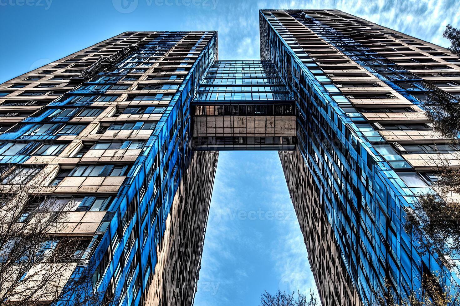A low angle view of modern skyscrapers in London, highlighting the impressive architecture and towering buildings of the city's financial district. photo
