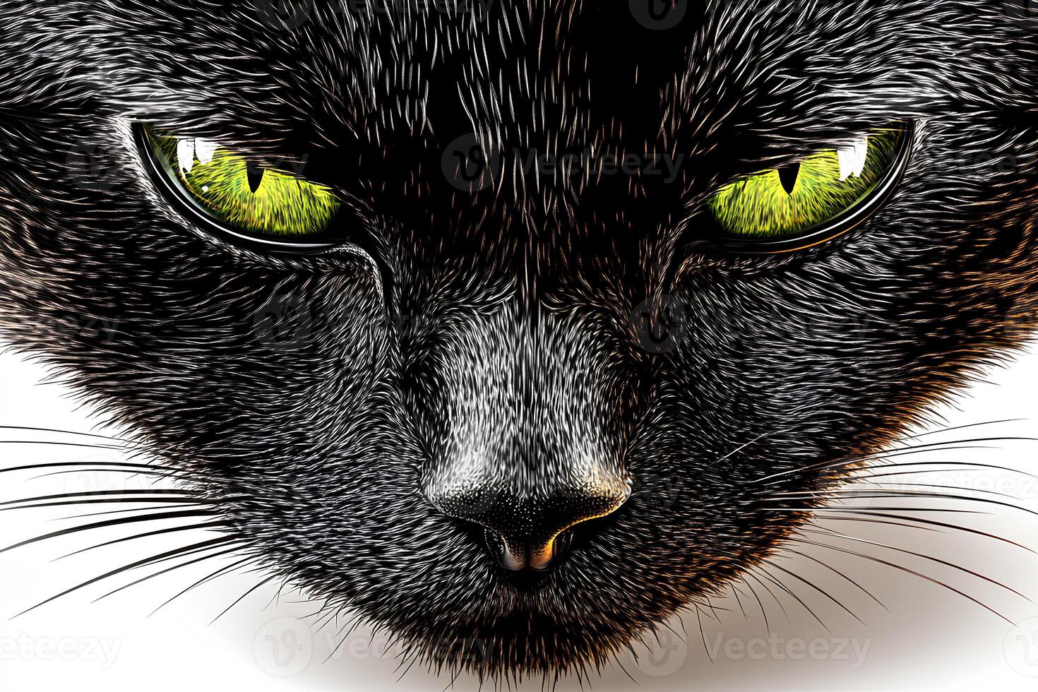 Close-up of a cat's face with striking green eyes, set against a clean white background, highlighting its beautiful features and expression photo