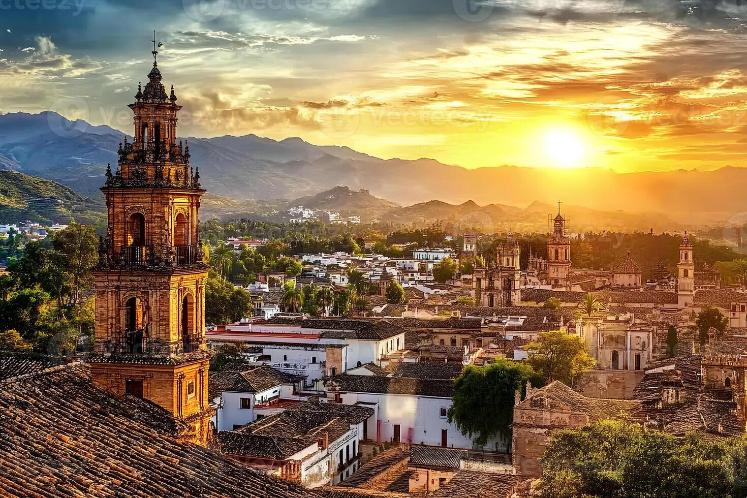 A stunning sunset casting warm golden hues over the historic city of Cordoba, Andalusia, Spain, highlighting its beautiful architecture and vibrant skyline photo