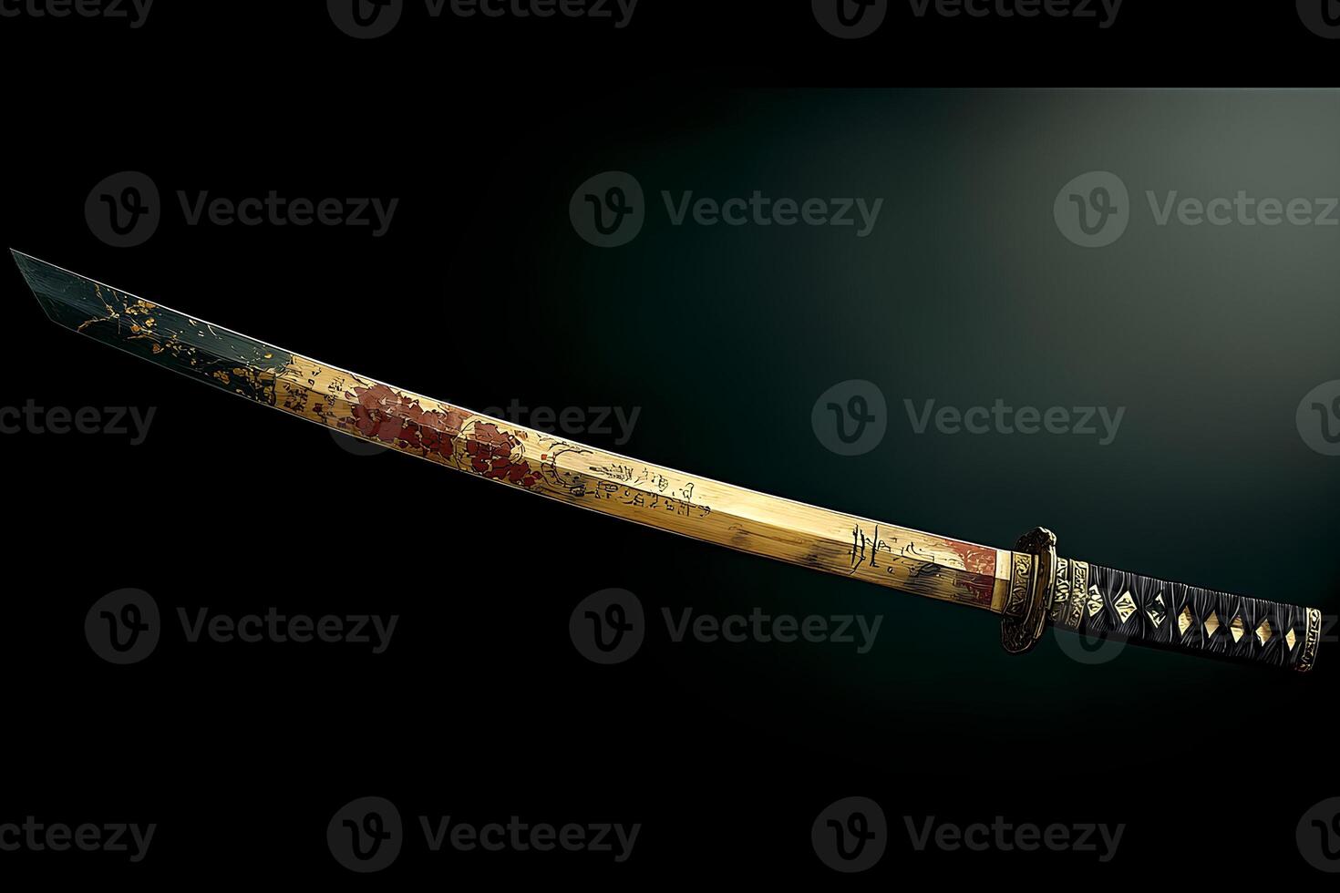 A striking image of a katana sword resting on a black background, highlighting its sharp blade and intricate hilt design photo