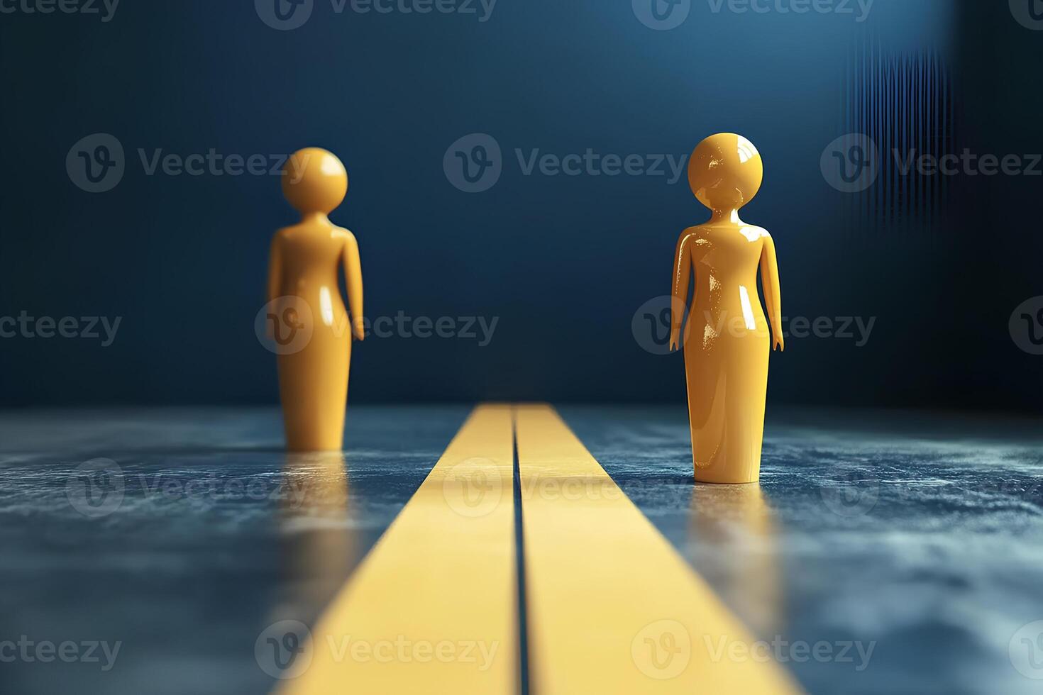 Two vibrant yellow figures standing on a road, creating a surreal and artistic scene with a minimalist and abstract aesthetic photo