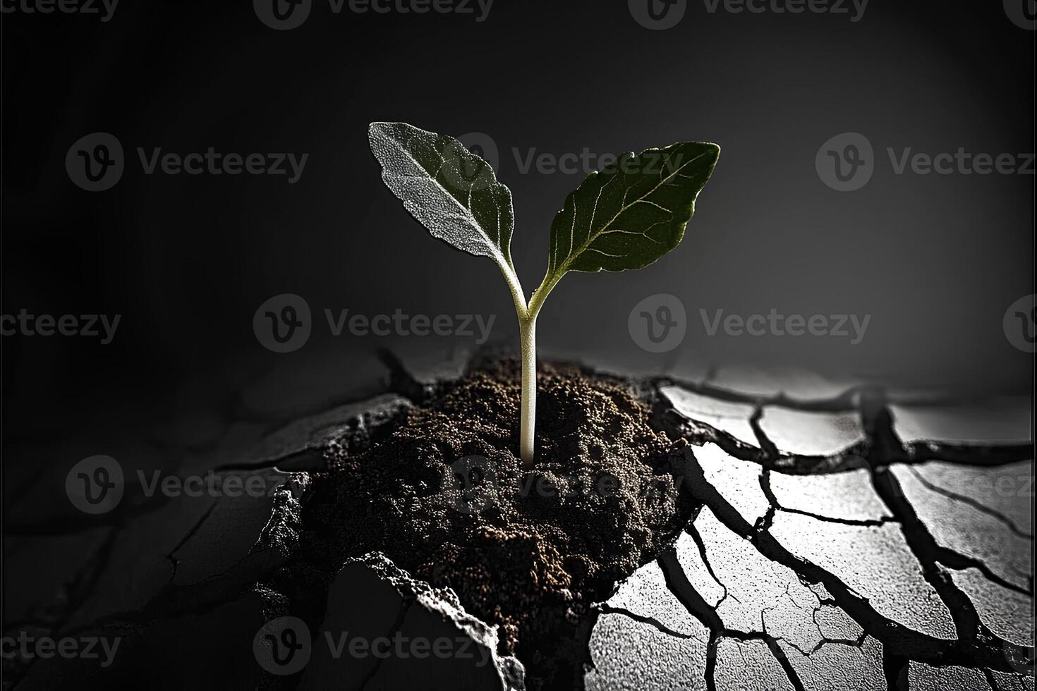Small green sprout emerging from a crack in dry ground, symbolizing resilience, hope, and new beginnings photo