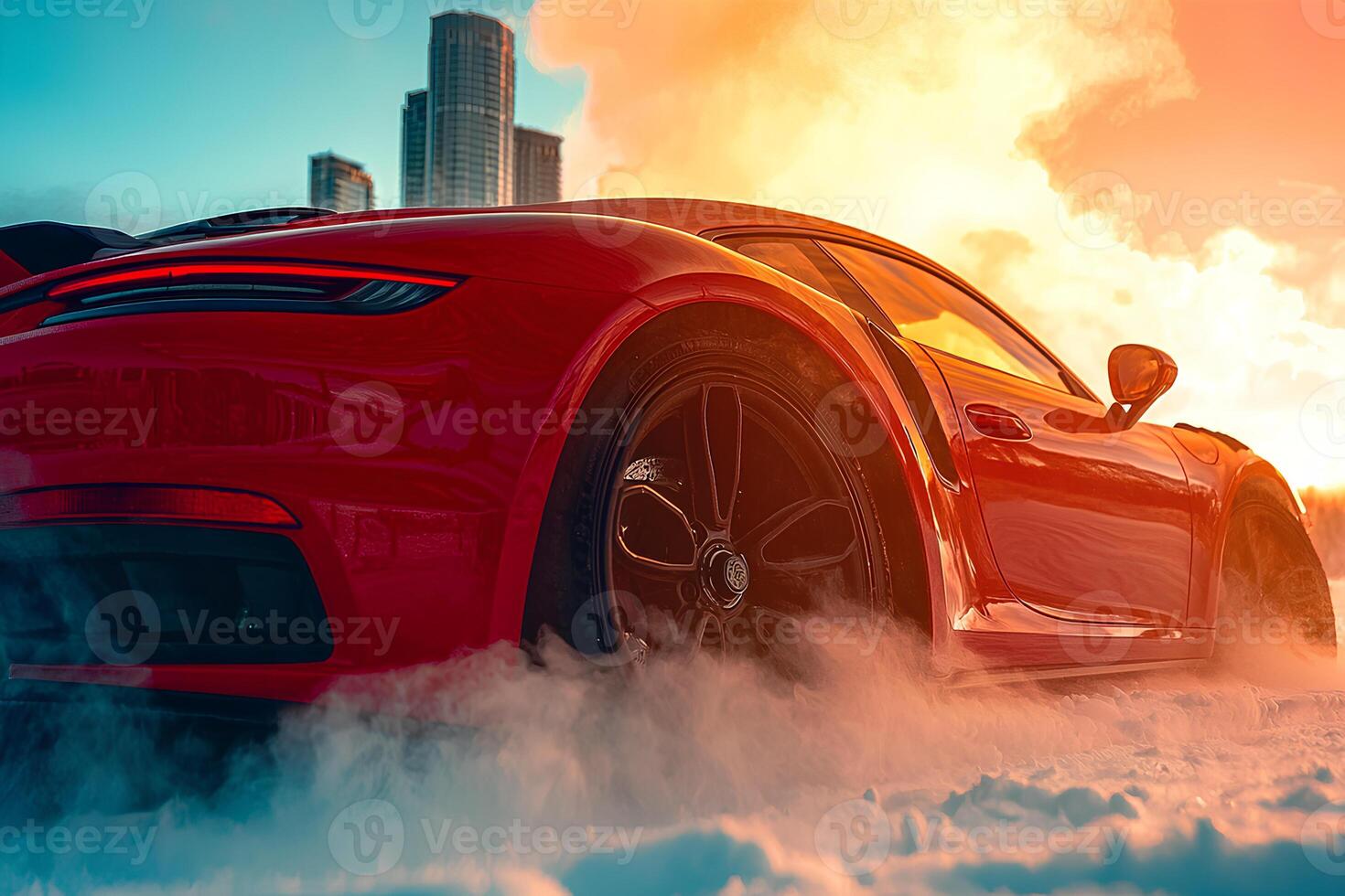 A futuristic, brand-less concept car parked in a snow-covered landscape, showcasing sleek design and innovation in a winter setting photo