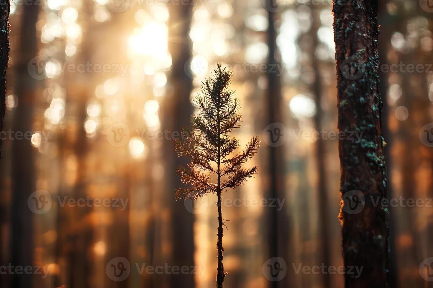 A breathtaking sunset in a pine forest, with golden sunbeams streaming through the trees, creating a warm and tranquil atmosphere photo