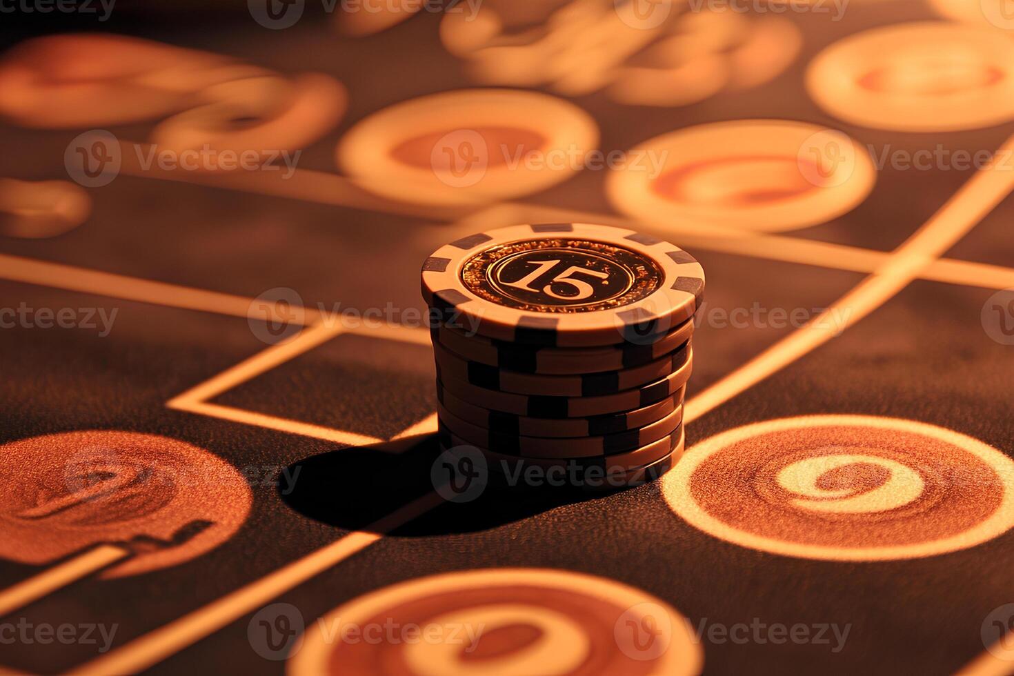 Close-up of a casino roulette table with colorful chips placed on the betting area, selective focus photo