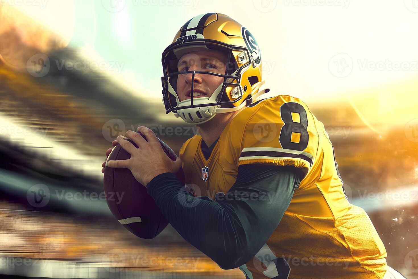 An intense action shot of an American football player wearing a helmet, holding the ball on a stadium field, ready for the game to begin photo