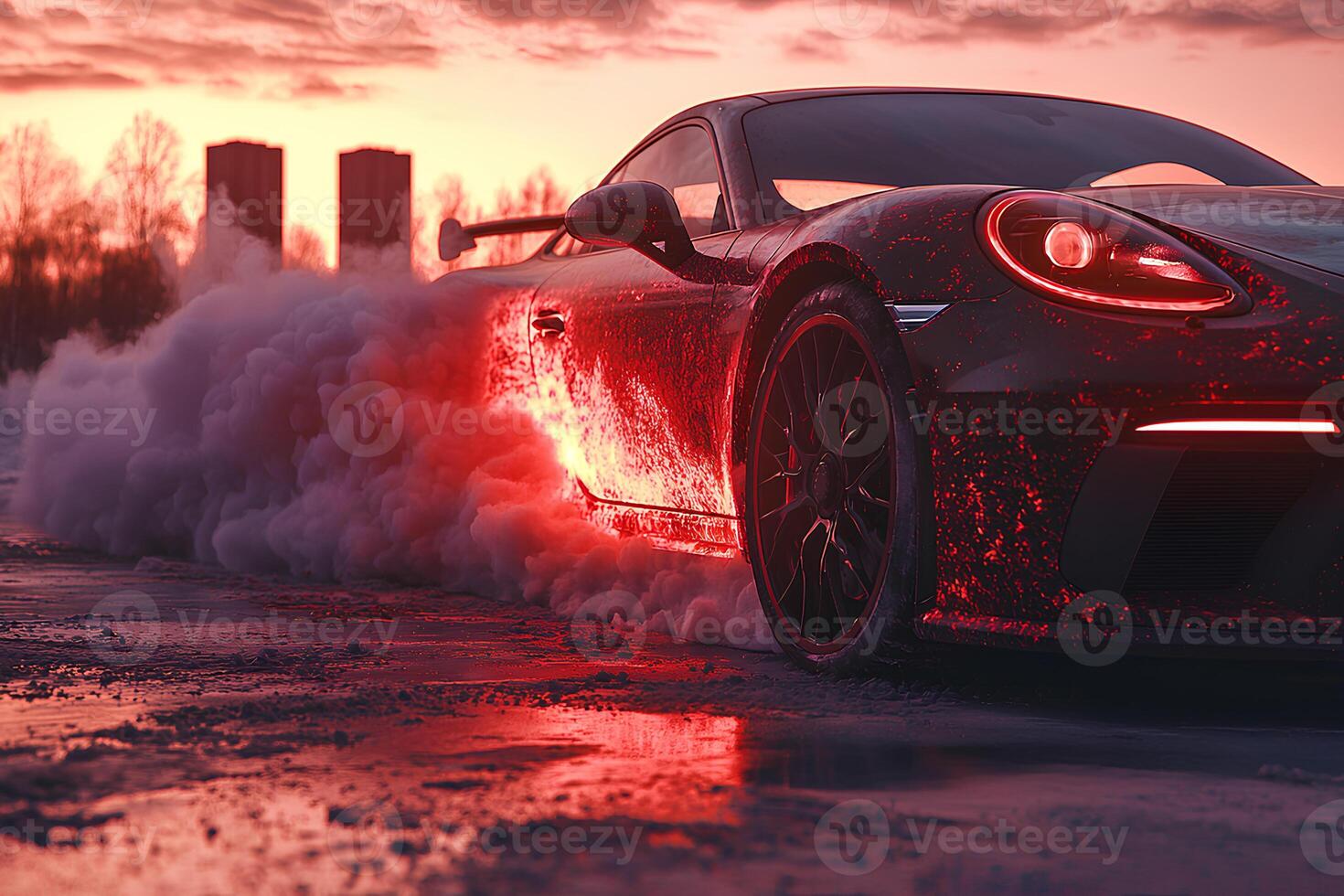 A sleek sports car drifting on the road with smoke trailing behind it, set against the vibrant colors of a sunset photo