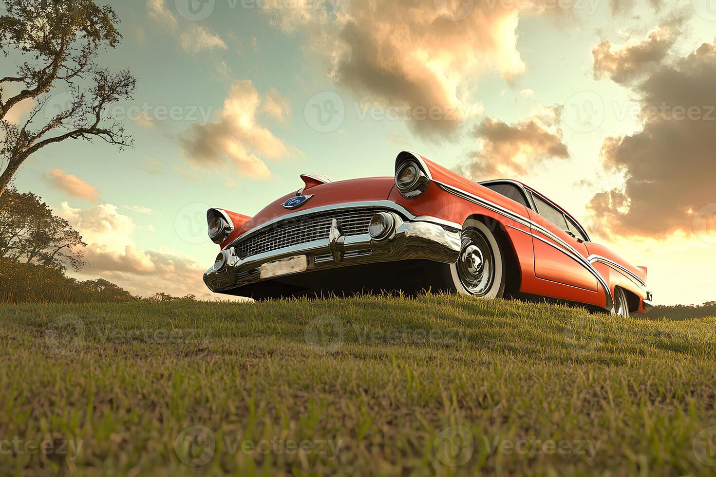 A vintage American car parked in a vast field, with the golden hues of a sunset casting a nostalgic and serene atmosphere photo
