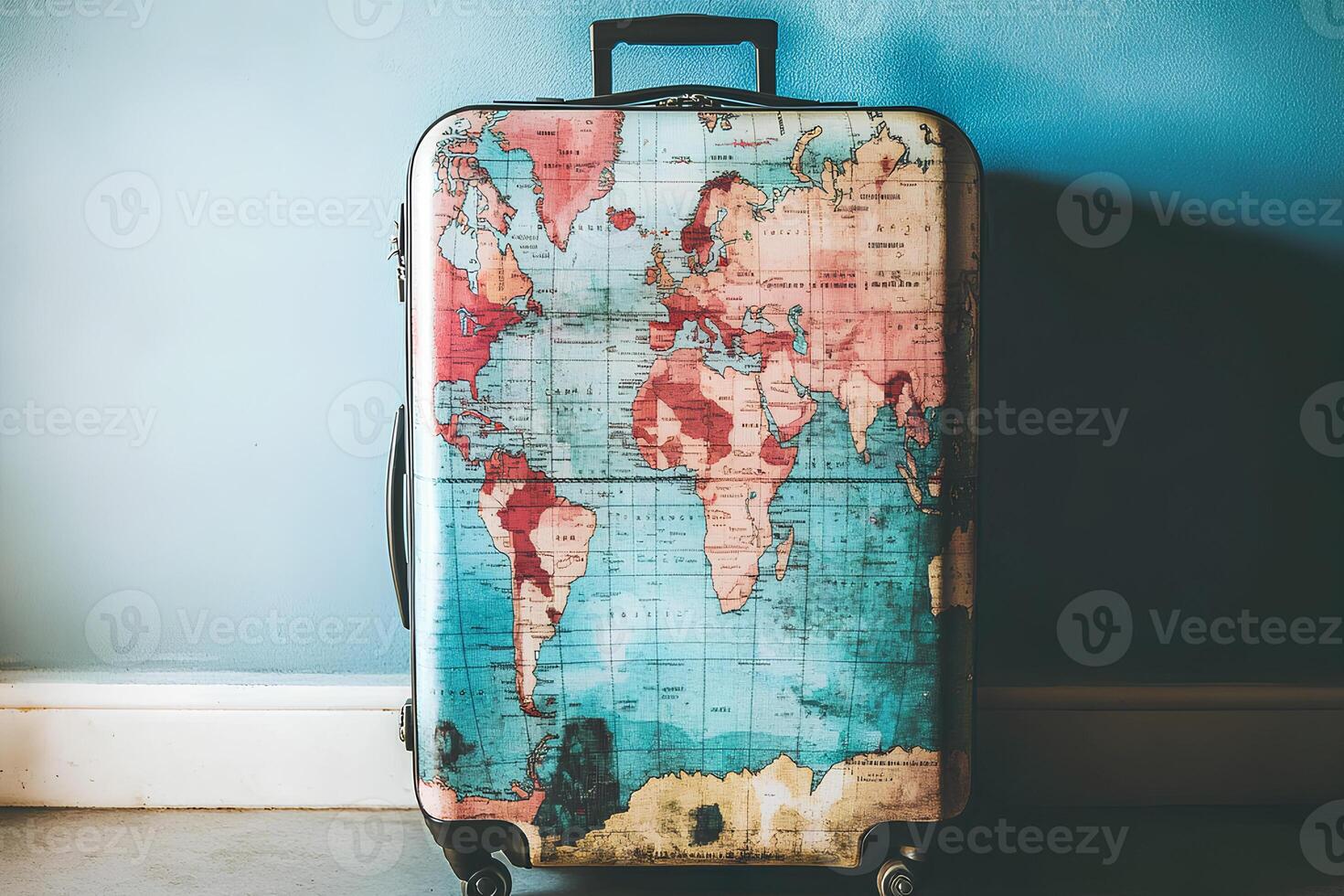 Retro travel suitcase with a world map design placed against a blue wall, symbolizing adventure and exploration photo