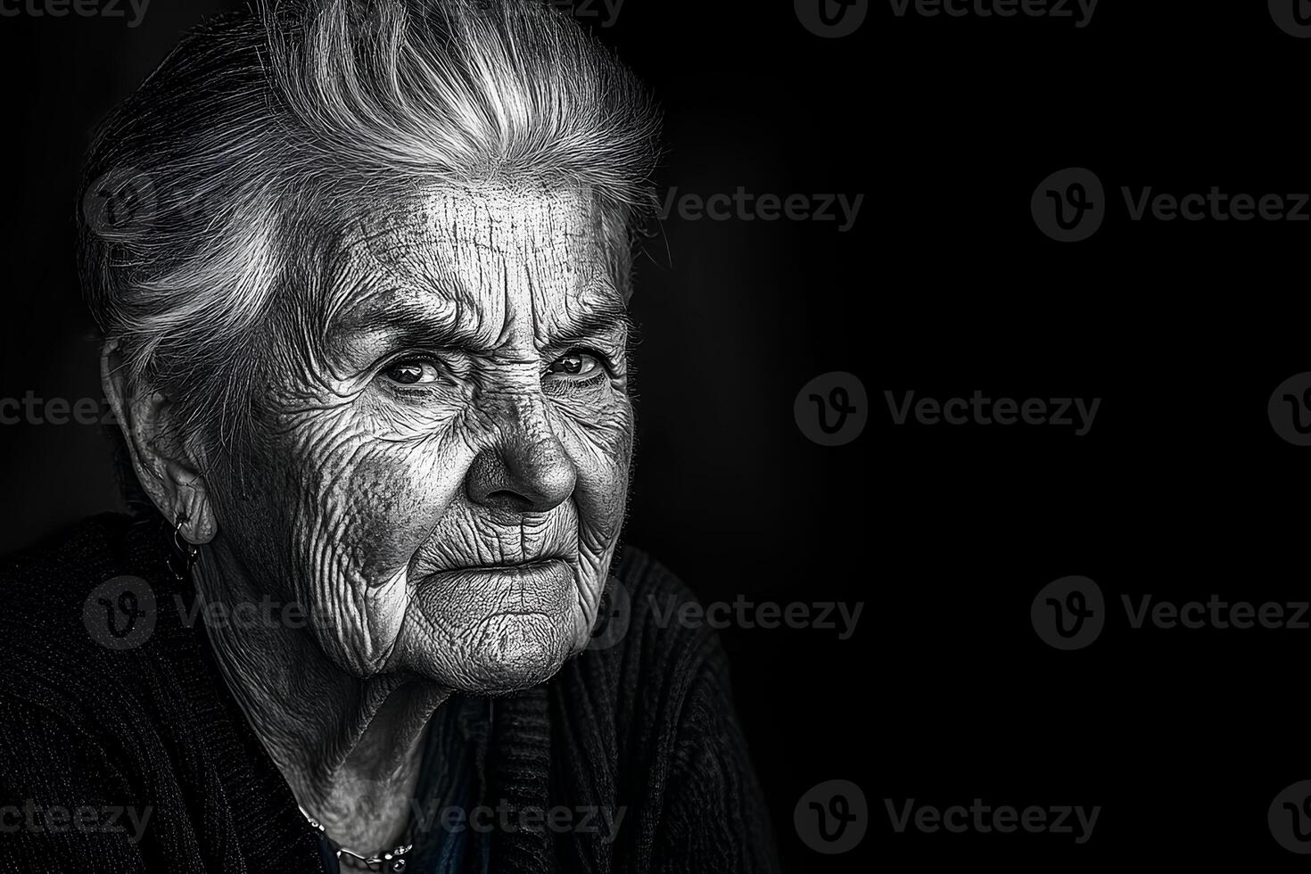 A powerful portrait of an elderly woman set against a black background, with a toned effect that highlights her wisdom and experience. The contrast and soft lighting enhance her features photo